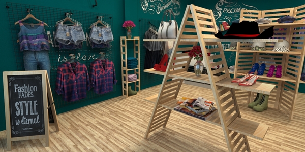 3D many wooden display rack in retail store for decorating